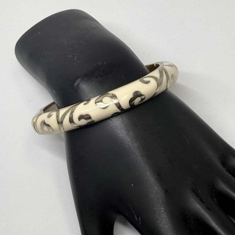 Andrew Hamilton Crawford Inlay Scroll Ivory & Gold Hinged Bangle Bracelet